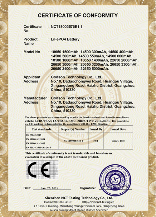 CE for LiFePO4 Battery